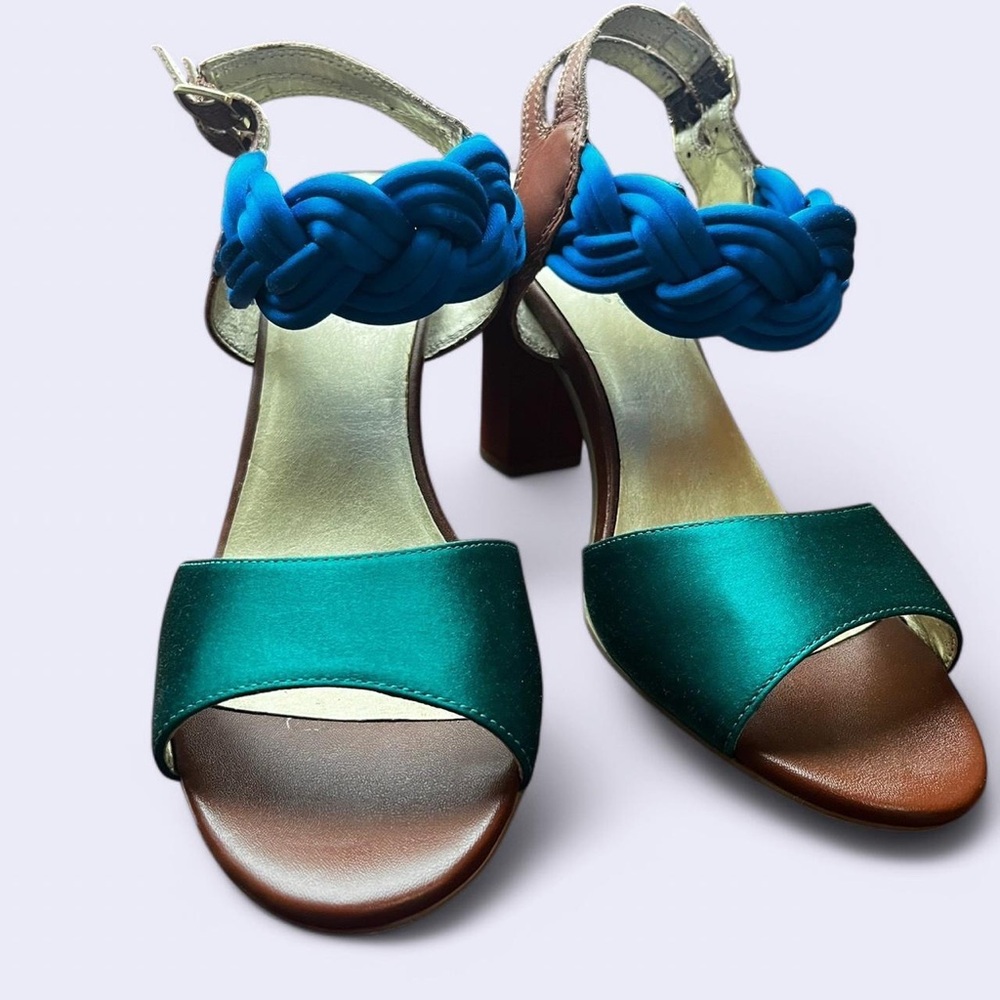 Seychelles cognac heel sandals with blue/green braided satin detail - 8